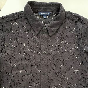 Max Edition Black Lace Collar Button-Up Shirt Blouse Size L